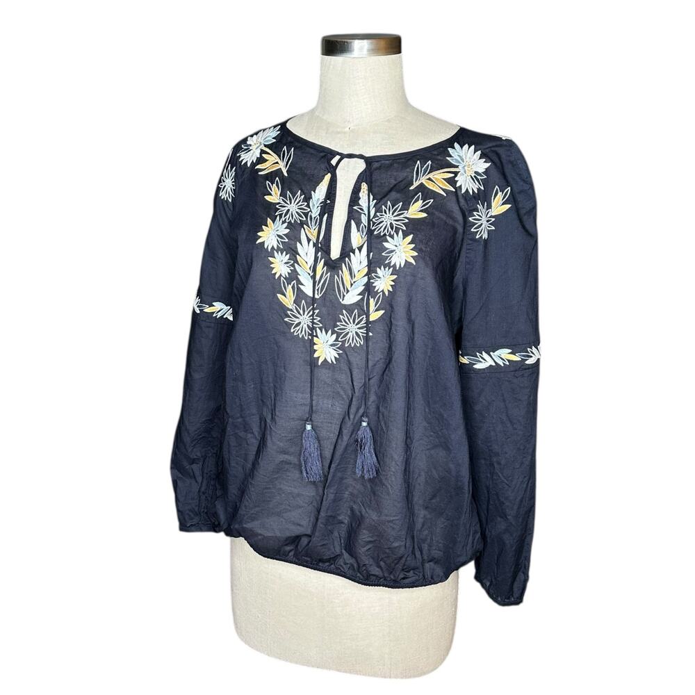 TORY BURCH Navy Blue Embroidered Peasant Blouse Women's‎ Size 8 Lightweight Glam